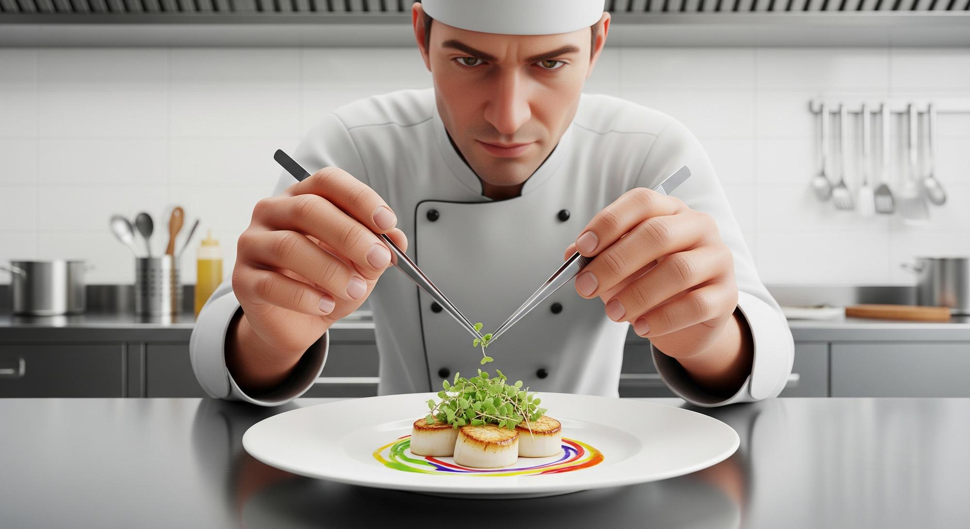 Chef demonstrating fast plating technique